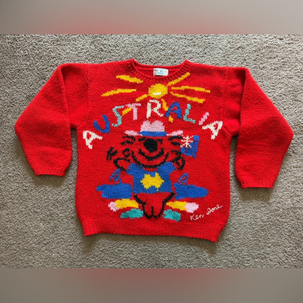 RARE vintage ken done hand knit sweater red australia koala 100% wool unisex